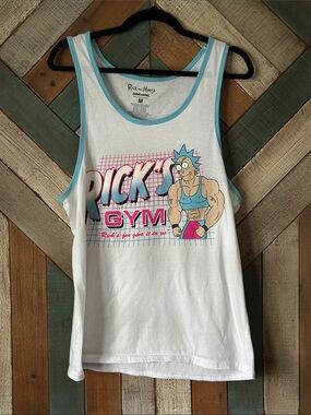 'Rick's Gym' White Tank with Aqua Trim